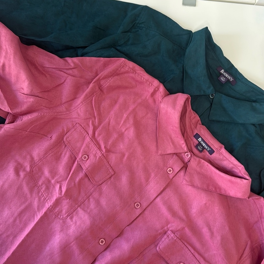 Roaman's Women Shirts 32W Faux Suede Collared Tunics Button Up Pink‎ & Blue NWOT
